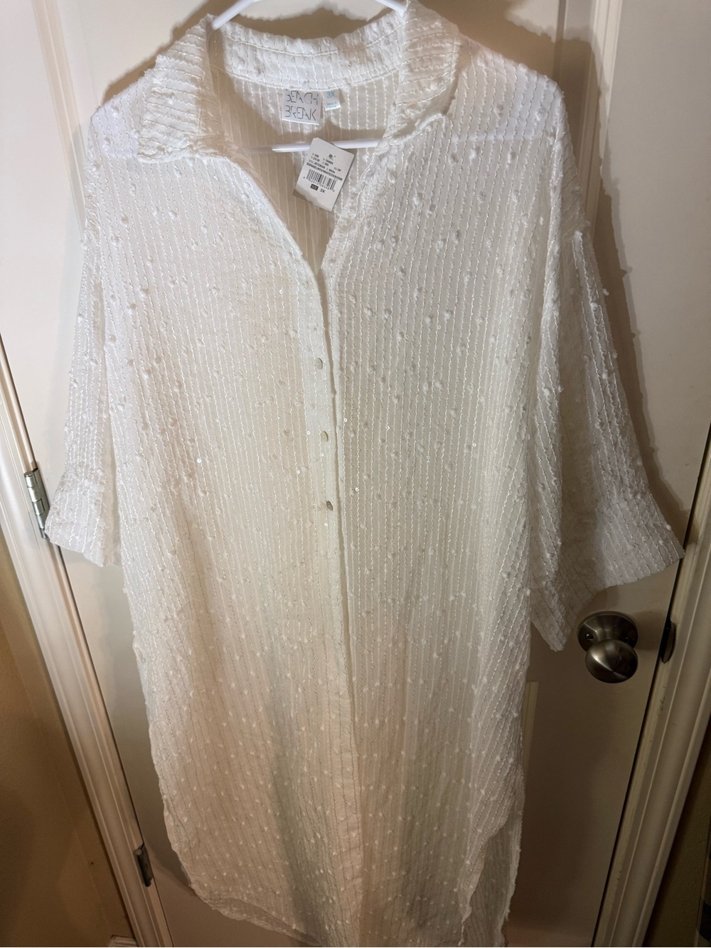 NWT Beach Break 3X White Textured Sequin Button Down Maxi Shirt Dress Swim Cover